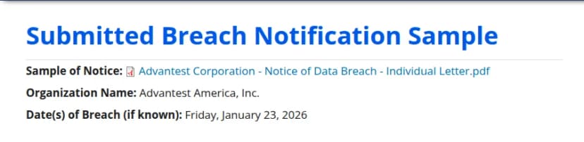 カリフォルニア州司法長官のページ Submitted Breach Notification Sample。通知の見本のPDF、Organization Name は Advantest America, Inc.、Date(s) of Breach は Friday, January 23, 2026 と表示されている