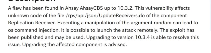 NVDのCVE-2026-105134の説明文。AhsayCBS 10.3.2まで、/rps/api/json/UpdateReceivers.do、引数randomの操作でOSコマンドインジェクション、10.3.4へのアップグレードで解決との記載