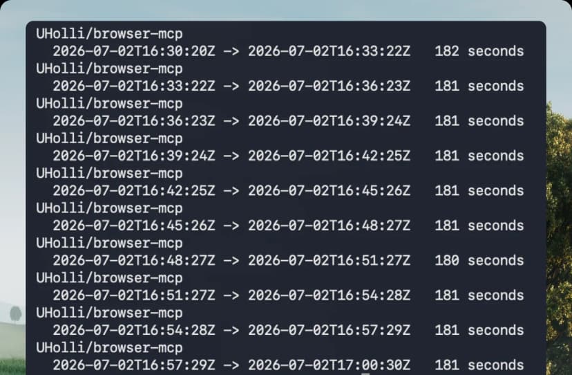 Islandの報告の図(英語)。あるMCPのリポジトリで、続けて作られたフォークの時刻の組と間隔を並べた端末の画面で、2026年7月2日の世界標準時16時30分20秒から17時0分30秒まで、間隔がどれも180〜182秒で並んでいる