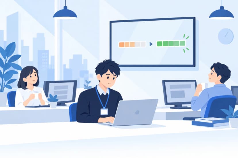 オフィスで情シスの担当者がノートパソコンで社内に短い知らせを出し、隣の席の同僚2人は飲み物を手に作業を止めて待っている。壁の画面には、黄色の帯が緑に変わっていく様子が描かれている。