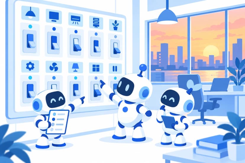 夕方の事務所で、3体のロボットが、照明や画面、空調などの絵の付いたスイッチが並ぶ壁の前で、一覧を手に指さし確認している(イラスト)