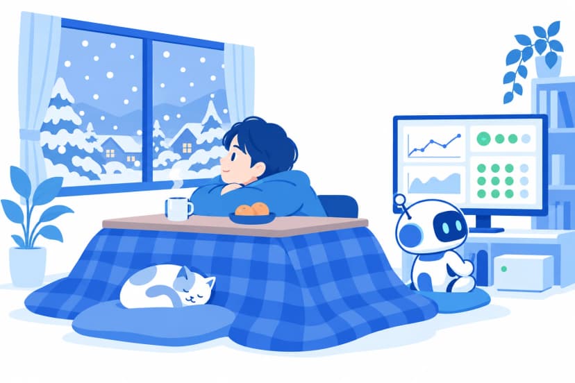 雪の降る窓の外を見ながらこたつで休む情シスの人の横で、小さなロボットが、グラフや点の並ぶ見張りの画面を静かに見ている。こたつの下では猫が眠っている(イラスト)