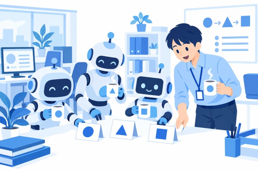 休み明けの朝の事務所で、湯気の立つマグカップを持った3体のロボットと情シスの人が、丸・三角・四角の札を机に並べて、点検の順番を確かめている(イラスト)