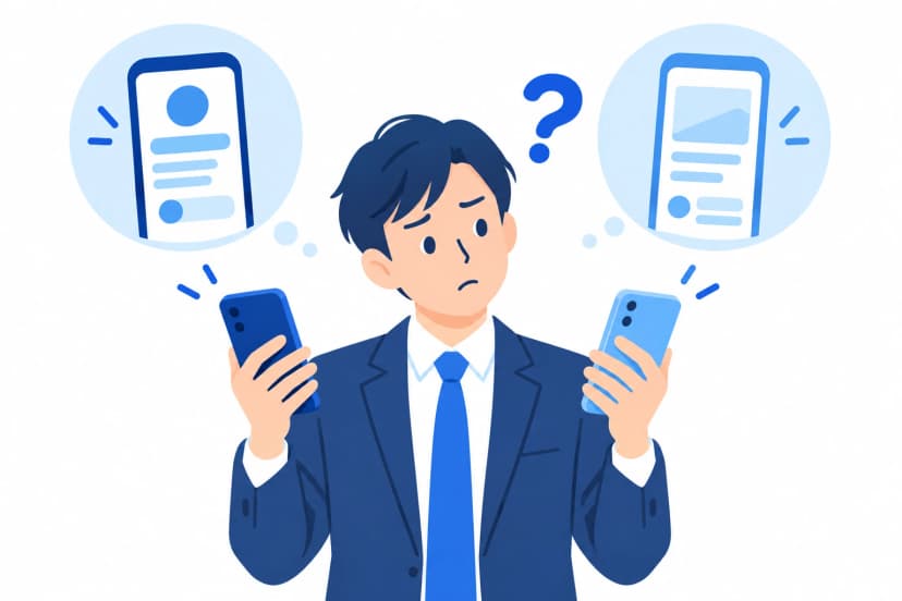 両手に1台ずつスマホを持ち、どちらで返事をするか迷っている会社員(イラスト)