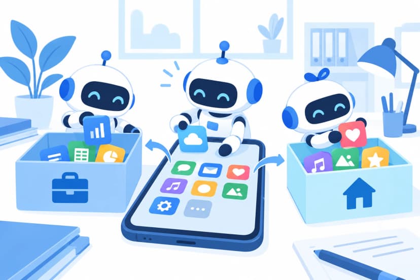 事務所の机で、3体のロボットが、スマホの中のアイコンを、かばんの印の箱と家の印の箱に仕分けている(イラスト)