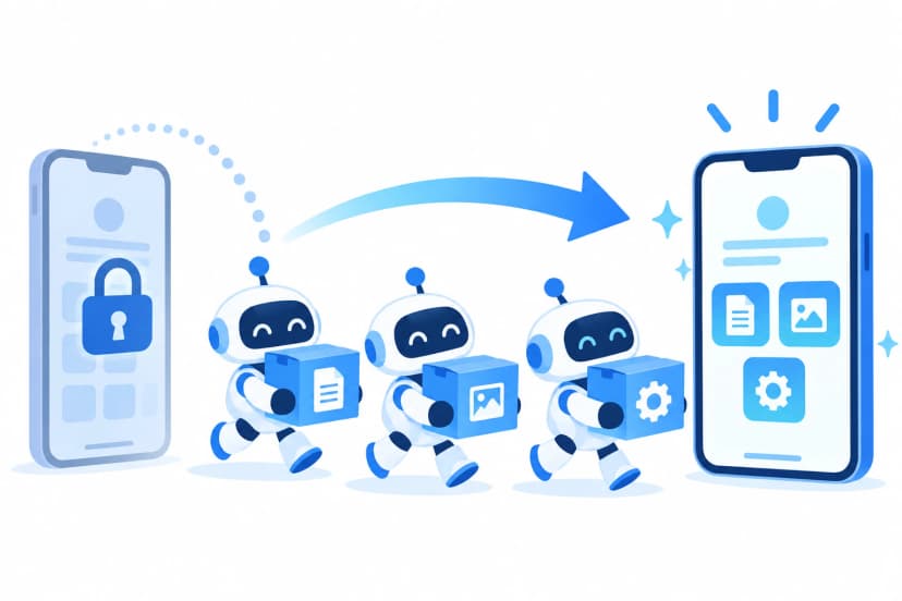 鍵の印がかかった古いスマホから、3体のロボットが書類や設定の箱を新しいスマホへ運んでいる(イラスト)