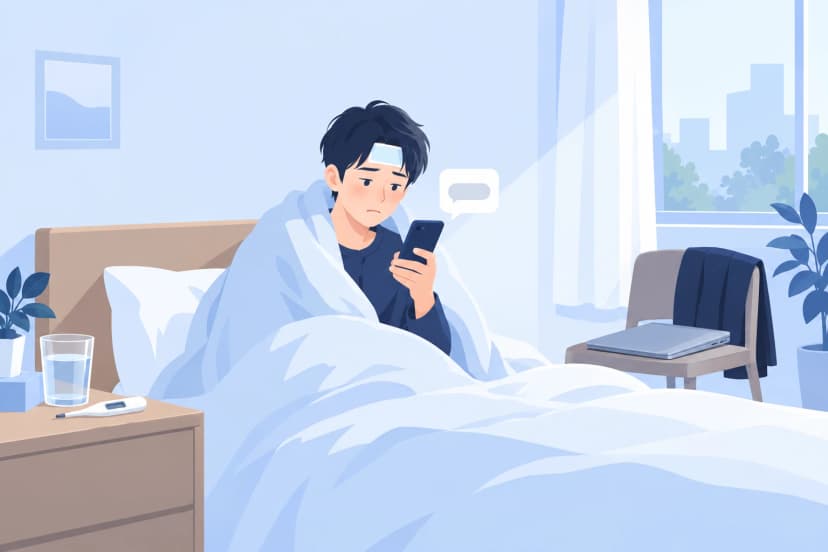 朝の寝室で、額に冷却シートを貼った人が布団にくるまり、スマートフォンの白い吹き出しを見つめている。机には水の入ったコップと体温計、椅子の上には閉じたノートPCがある（イラスト）