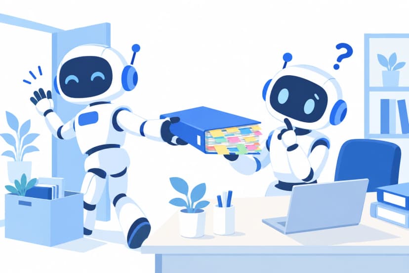 机を片づけて去るロボットが、後任のロボットに色とりどりの付箋がはみ出した分厚いバインダーを手渡し、後任が首をかしげているイラスト
