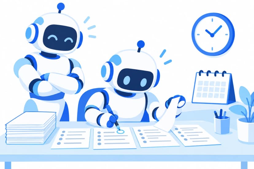後任のロボットが机の上の手順書をペンでなぞって印をつけ、前任のロボットが腕を組んで横で見守っているイラスト。壁に時計とカレンダーがある
