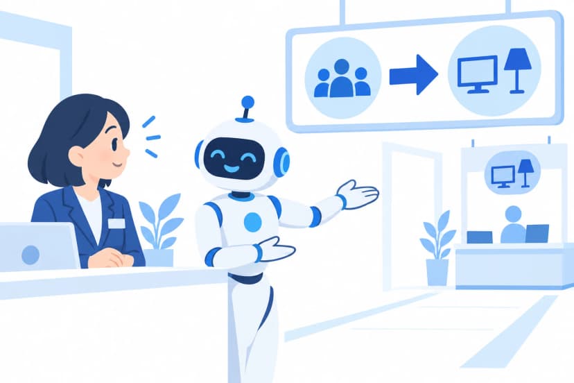 窓口の社員の横で、ロボットが別の担当の窓口を手で示し、頼みごとをつないでいる(イラスト)