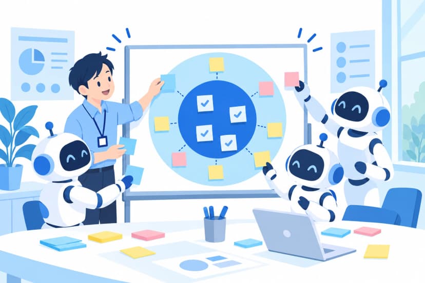 情シスの担当者とロボットたちが、受ける範囲を示す図を壁に貼り、付箋を整理している(イラスト)