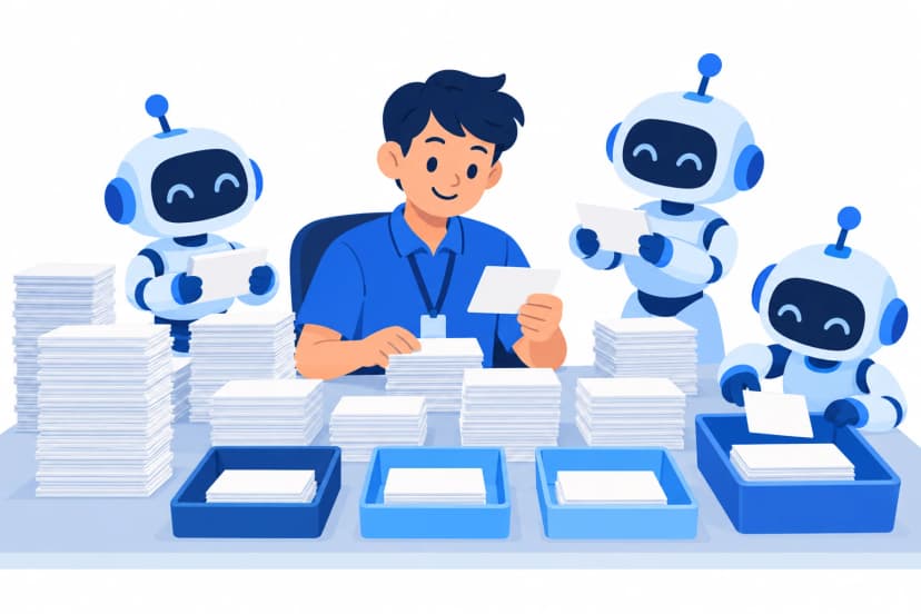 問い合わせのカードを仕分ける担当者と3体のAI(イラスト)