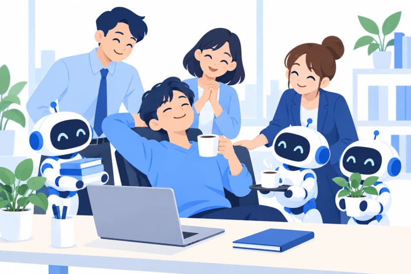 コーヒーを飲む担当者を見守る3体のAIと同僚(イラスト)