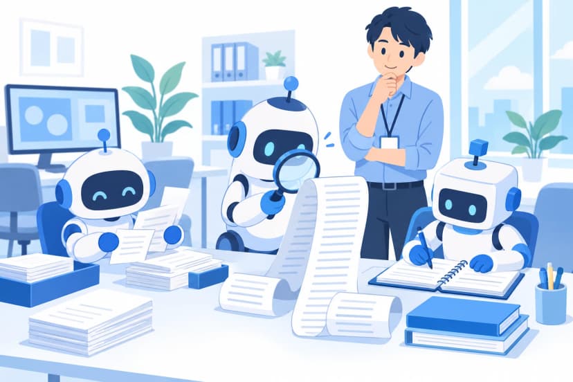 仕事を分け合う3体のAIと、見守る情シスの担当者(イラスト)