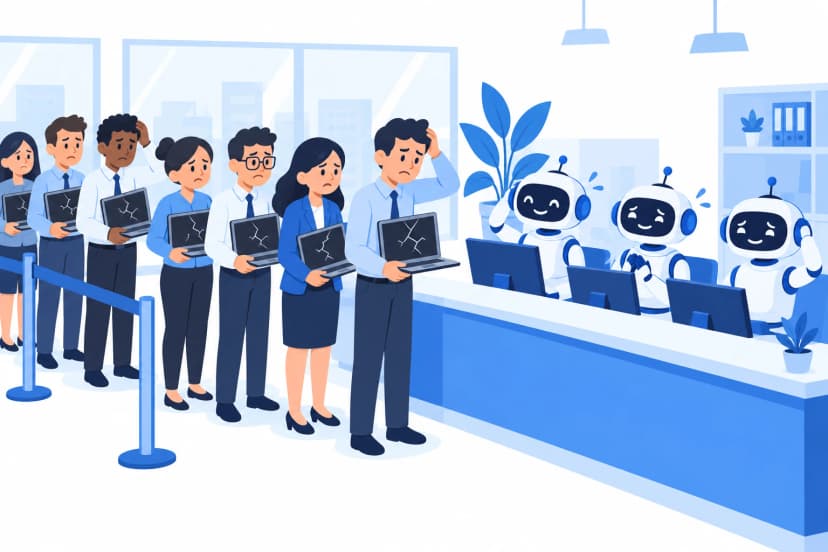 問い合わせの列と、苦笑いしながら受け付けるAIたち(イラスト)