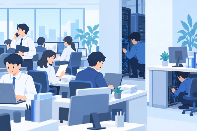 オフィスで多くの人が働く一方、サーバーの配線を直す情シスの担当者が壁の陰で作業している、見えにくい仕事を表す場面(イラスト)