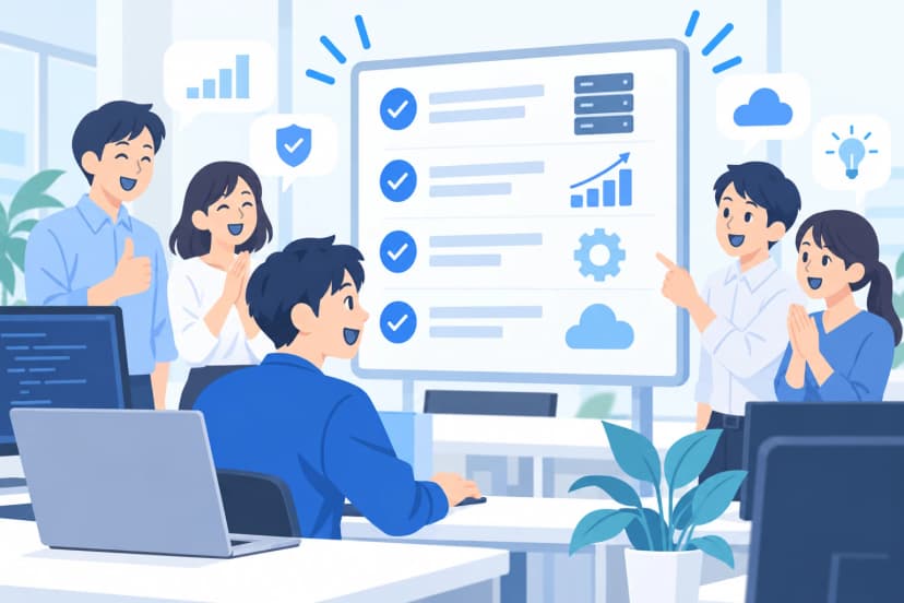 情シスの働きが周りの人に伝わり、評価される場面(イラスト)