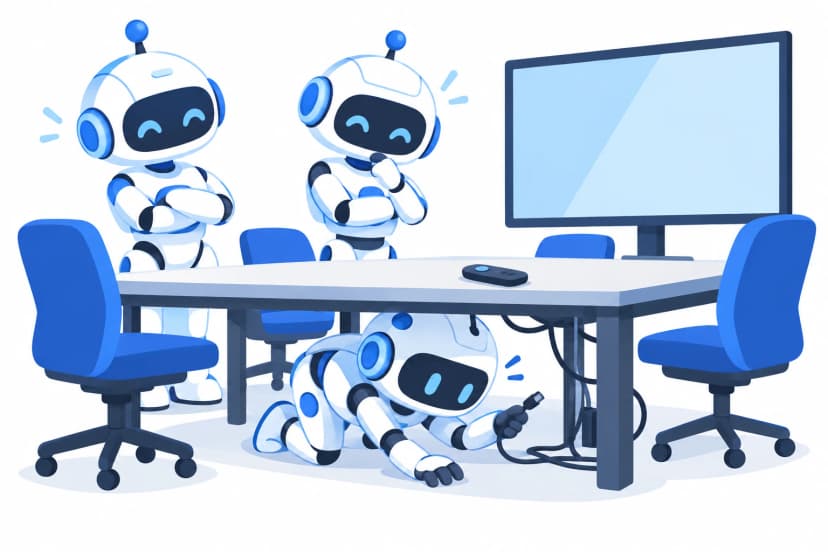 机の下でケーブルを探すロボットと、見守るロボットたち(イラスト)