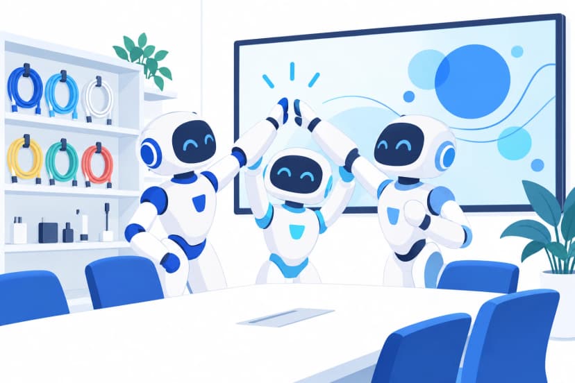 整理されたケーブル棚と、映ったモニターの前でハイタッチするロボットたち(イラスト)