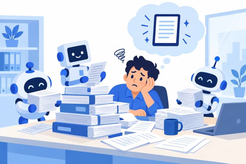 机に積み上がった分厚い紙の手順書の山の前で、社員が途方に暮れ、ロボットたちが様子を見ている(イラスト)