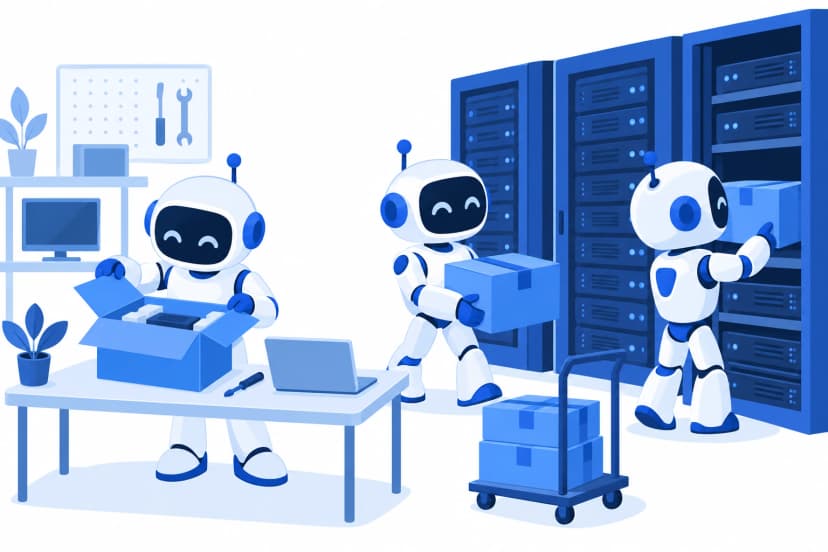 情シスの部屋で、3体のロボットが届いた更新の箱を試験用の小さな机で開けて確かめ、本番のサーバーの棚へ順に運んでいるイラスト