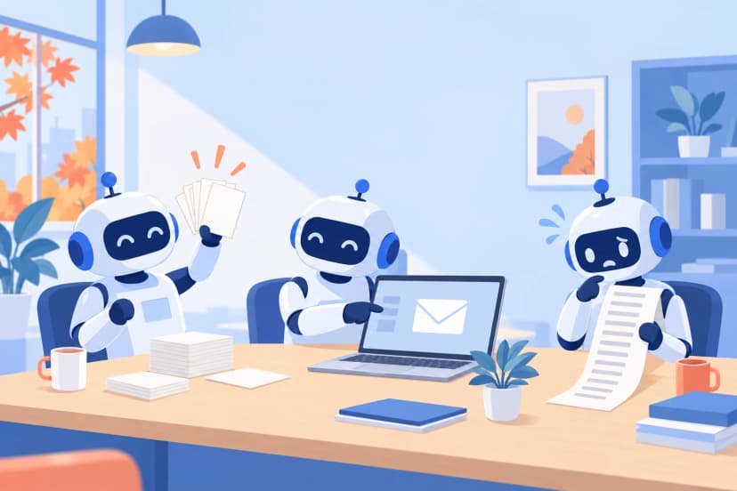秋の事務所の机で、3体のロボットが話し合っている。1体は白いはがきの束を掲げ、1体は封筒のアイコンが出たノートPCを指さし、1体は長い名簿を持って困った顔をしている(イラスト)