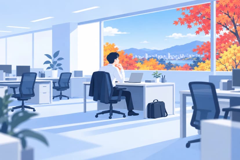 ほかに人のいないオフィスで、ノートPCの前に座った会社員が、ほおづえをついて窓の外の紅葉と青空を眺めている。机の横には旅行かばんが置いてある(イラスト)