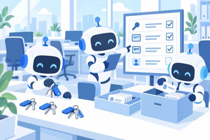 明るい事務所で、3体のロボットが、机に並んだ鍵束とカードの箱を、チェックの印の付いた表を見ながら一つずつ片付けている(イラスト)