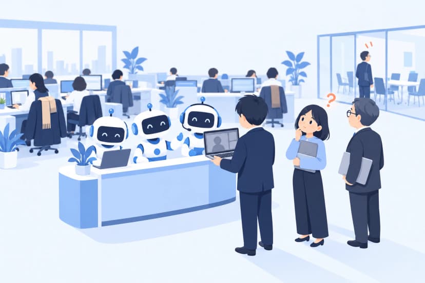 社員でいっぱいのオフィスで、3体のロボットが座る情シスのカウンターに社員が並んでいる。先頭の社員は映像の止まったノートPCを見せ、後ろの社員は首をかしげ、奥では会議室を探す社員が立ち止まっている（イラスト）
