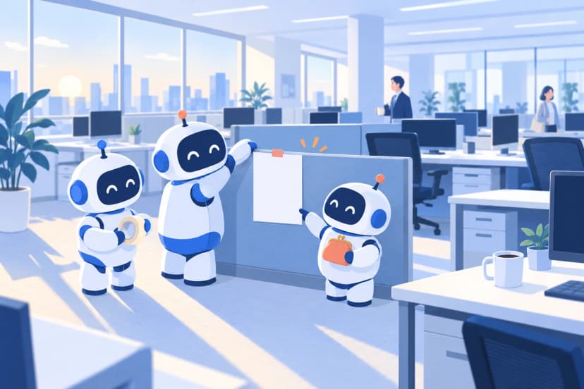 人がまだまばらな、朝日の差すオフィスで、3体のロボットが仕切りに白い紙を1枚貼っている。1体はテープを持ち、1体が紙を押さえ、もう1体は小さながま口の財布を手に紙を指さしている（イラスト）