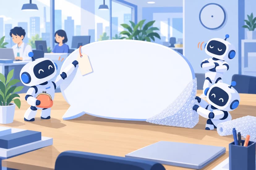 朝のオフィスの机に、何も書かれていない大きな吹き出しが置かれている。がま口を持ったロボットが吹き出しに白い値札を掛け、腕を組んだロボットは首を振り、もう1体のロボットが吹き出しの角を緩衝材で包んでいる（イラスト）