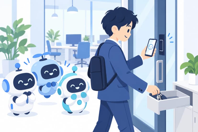 鍵の束を引き出しにしまい、スマホの顔認証でオフィスのドアを開ける社員と、見守る3体のロボット(イラスト)