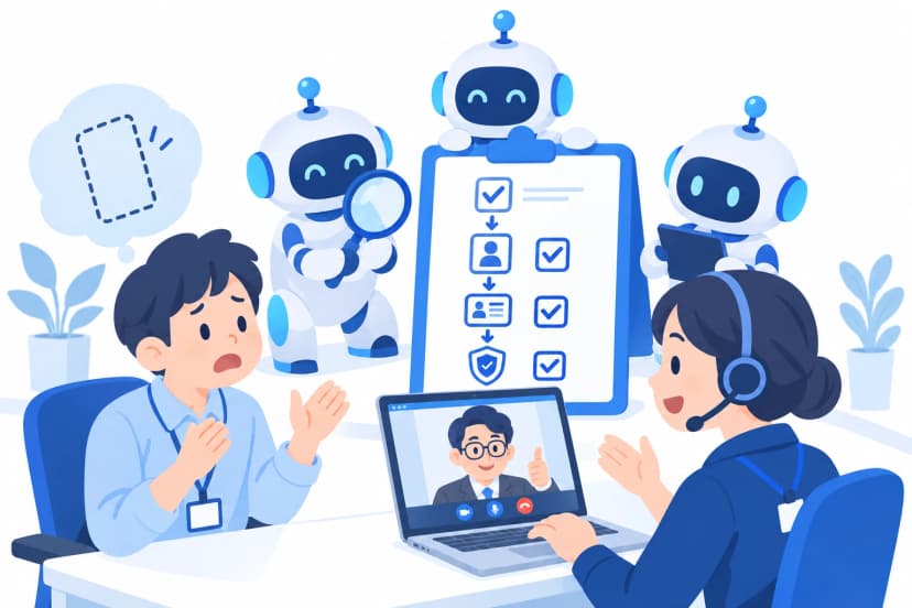 スマホをなくして困る社員に、ヘルプデスク担当者が上長のビデオ通話承認で本人確認をする場面(イラスト)