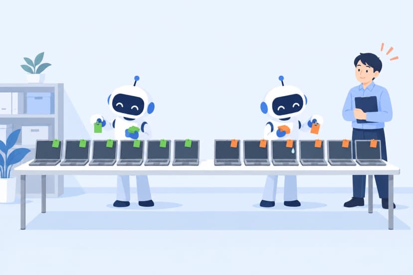 長い机に古いノートPCが並び、2体のロボットが緑と橙の札を付けて2つに分けている。右で、クリップボードを持った人が様子を見ている(イラスト)