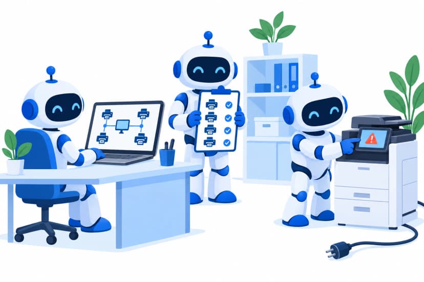 ノートパソコンでプリンターのつながりの図を見るロボット、プリンターの一覧表を持つロボット、本体の画面の警告マークを指さすロボット(イラスト)