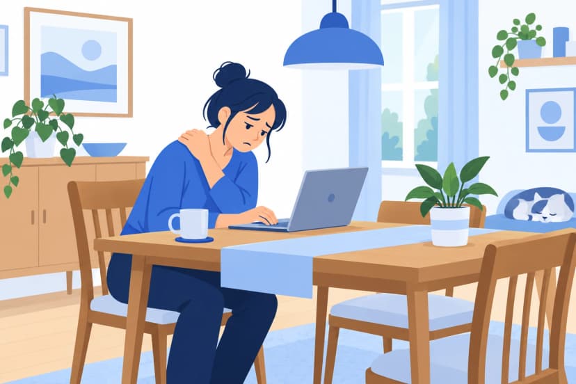 自宅のダイニングテーブルで、ノートPCの小さな画面をのぞき込みながら、肩をさする会社員(イラスト)