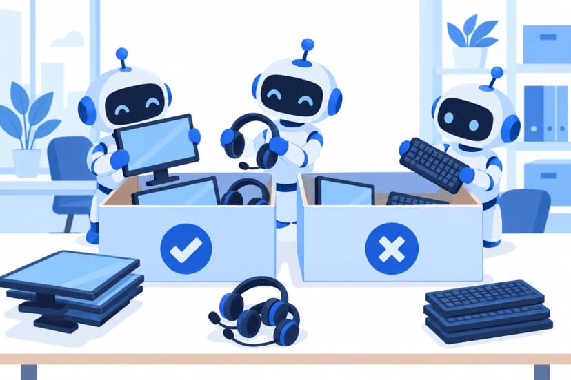 事務所の机で、3体のロボットがモニターやヘッドセット、キーボードを、チェックの箱とバツの箱に分けている(イラスト)