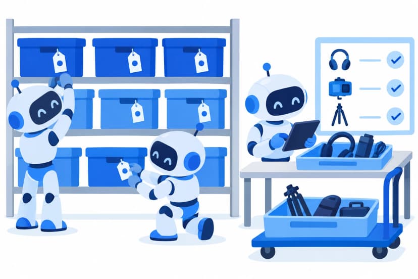 棚に並んだ箱に3体のロボットが札を付け、1体は返ってきたヘッドセットなどを一覧と照らし合わせている(イラスト)