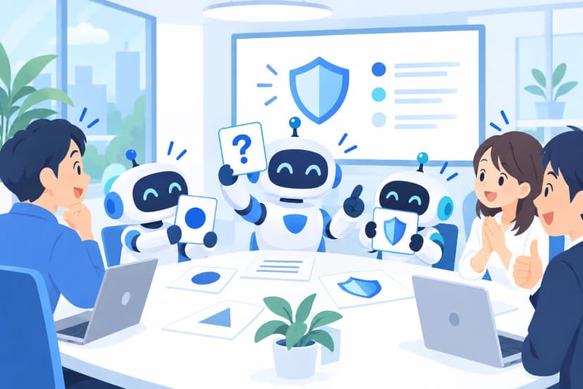 会議室で、ロボットたちが盾の図と問いのカードを示し、社員がうなずきながら研修を受けている(イラスト)