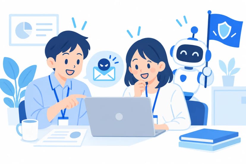 パソコンに届いた怪しいメールを、社員2人とロボットが笑顔で一緒に確かめている(イラスト)