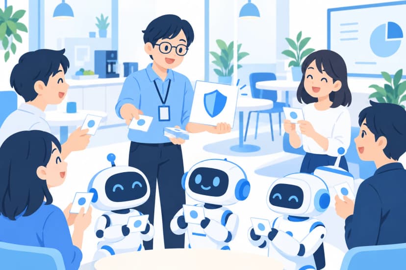 情シスの担当者が盾の印のカードを配り、社員とロボットたちが受け取っている(イラスト)