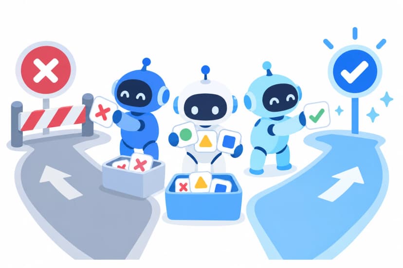 3体のロボットが小さなアプリのカードを、柵のある止める道と、開いた承認済みへ移す道に仕分けている分かれ道のイラスト