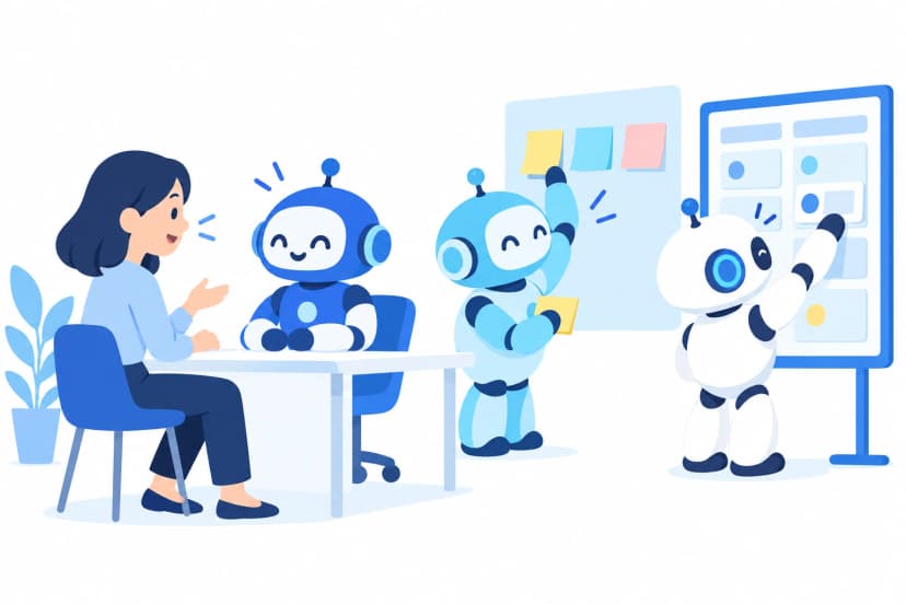 社員が気軽に相談に来て、ロボットが話を聞き、付箋のメモを貼り、見つけやすい一覧ボードを整えている相談窓口のイラスト