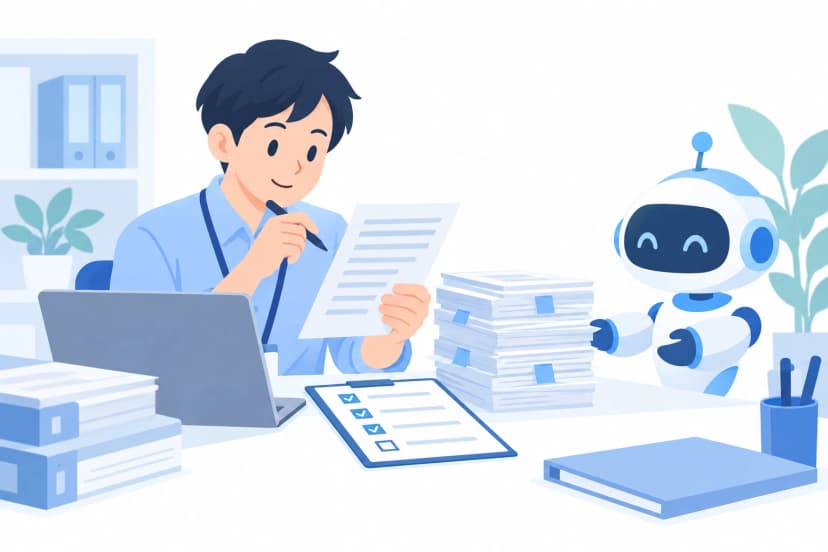規程の書類の山とチェックリストを確かめる情シス担当と、横で待つロボット(イラスト)