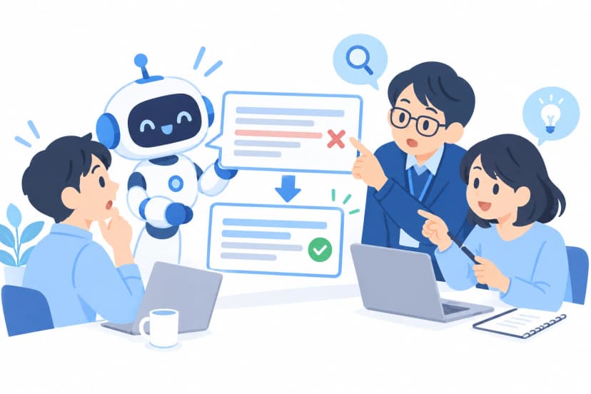 ロボットが示した答えのまちがいを、情シス担当と担当部署の人が一緒に見つけて直している場面(イラスト)