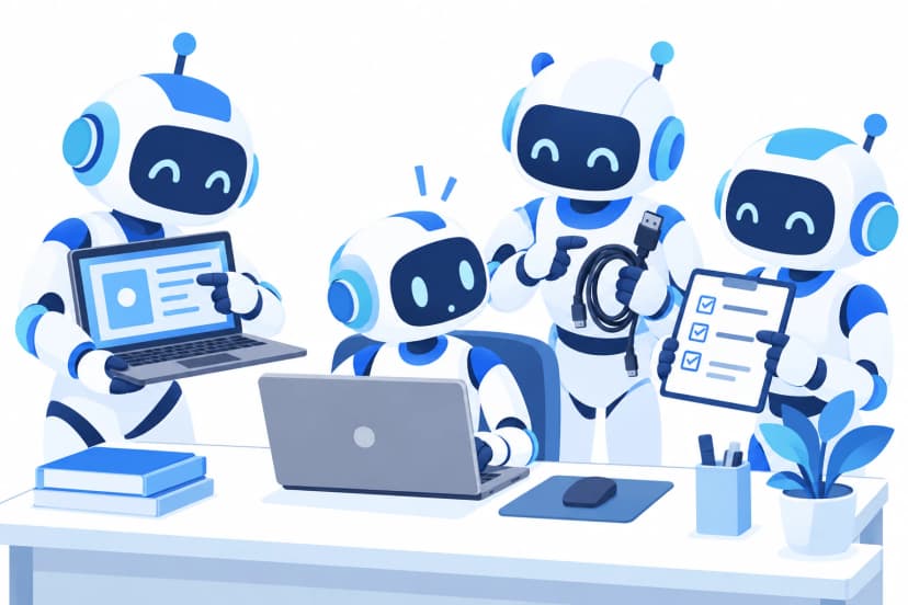 新しい机に座った新人ロボットに、3体の先輩ロボットがノートPC・ケーブル・チェックリストを見せて教えている場面(イラスト)