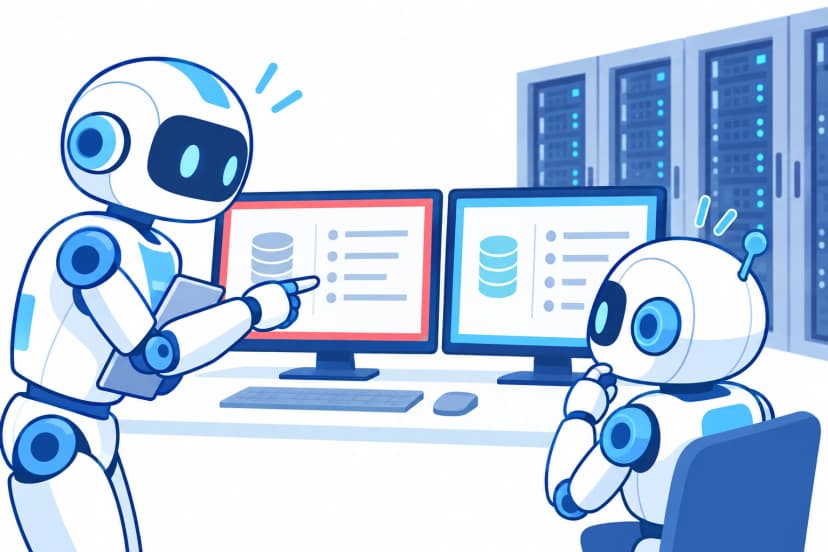 本番(赤枠)と検証(青枠)の2つの画面を、先輩と新人のロボットが見比べている場面(イラスト)