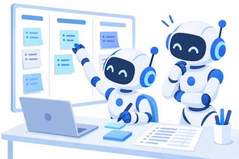 新人ロボットが付箋のボードに作業の経過を書き留め、先輩ロボットが見守っている場面(イラスト)