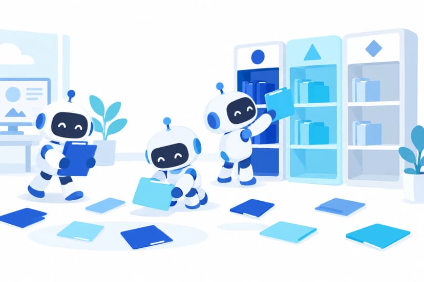 3体のロボットが、床に散らばったフォルダーを拾い、丸・三角・ひし形の印で色分けした3つの棚に運んで並べている(イラスト)