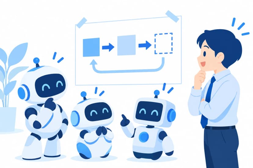 3体のロボットと会社員が、壁に貼った矢印と箱の形だけの案内図を見て、うなずいている(イラスト)